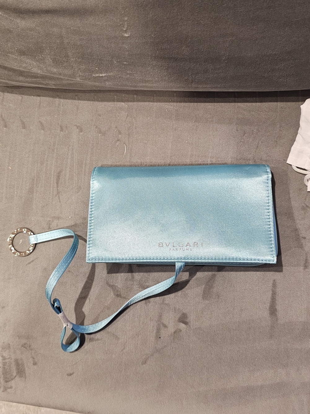 Bulgari  Parfums Aqua Blue Sateen Feel Like Fabric Wristlet Make Up Bag New